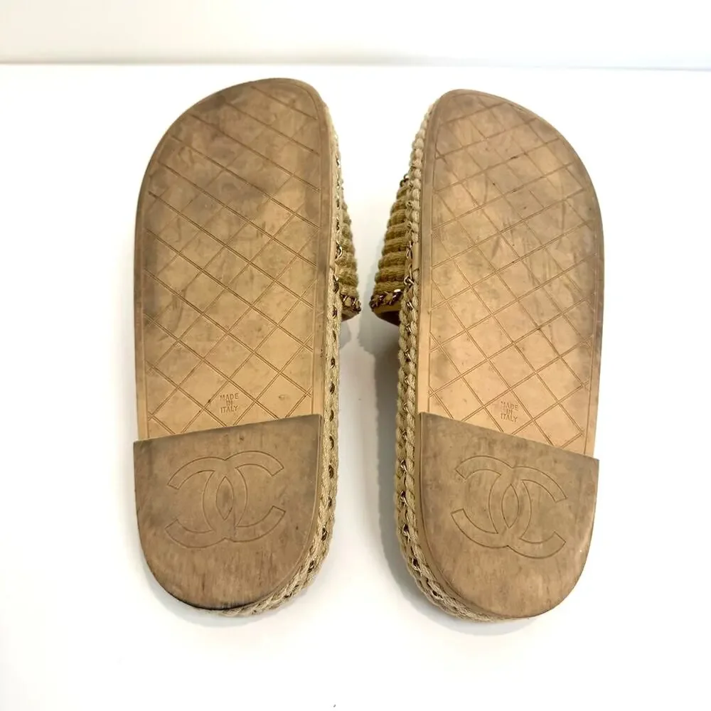 CHANEL Braided Rope Slide Sandals Gold 19 Metal Leather Chain Accents 40 Shoes